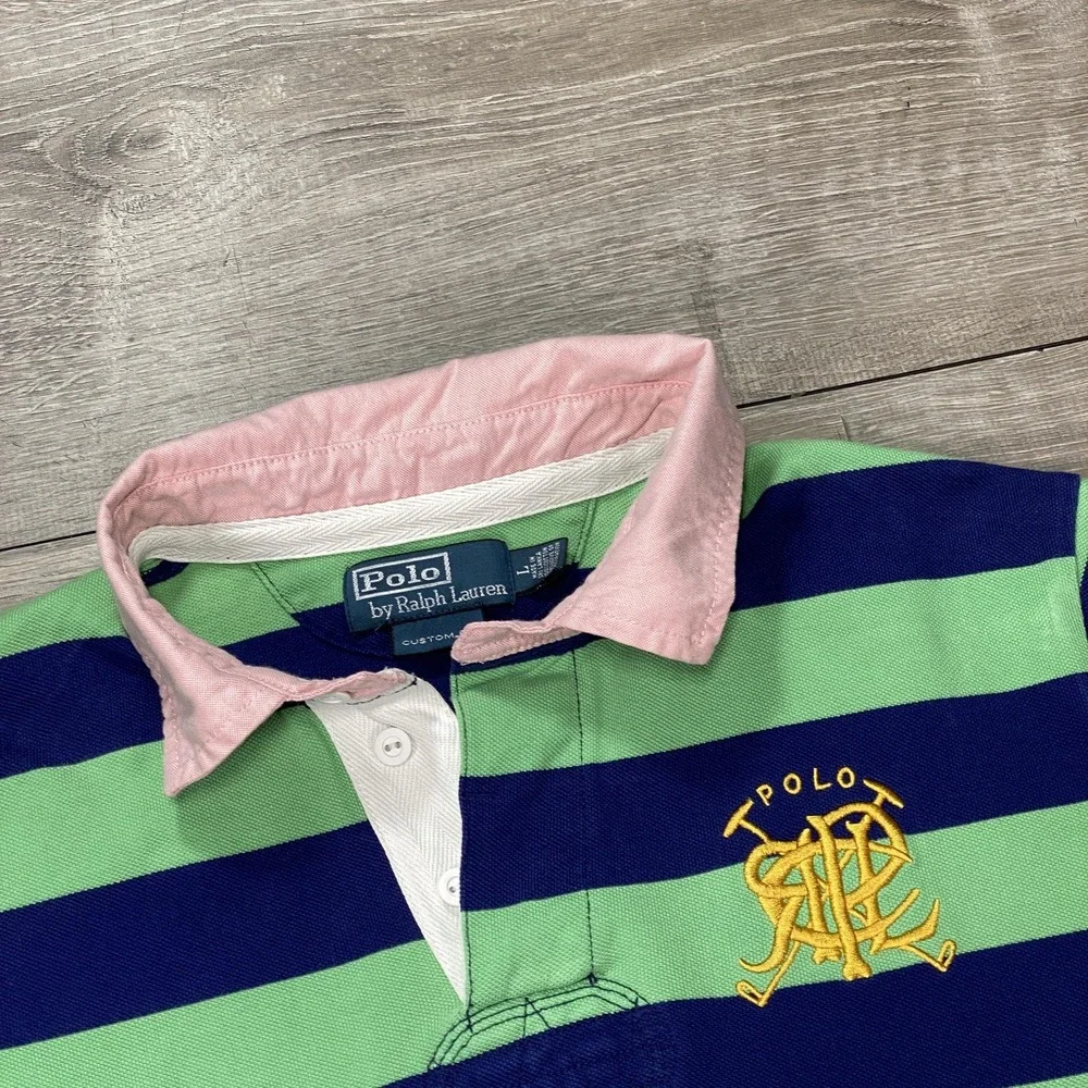 Polo Ralph Lauren Polo Shirt Mens Large Green Navy Striped Custom Fit Rugby Logo - Picture 2 of 16